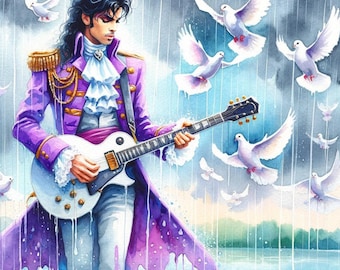 Prince in the Purple Rain with White Doves, Digital Wall Art, Music Poster, Home Decor, Printable up to 60x60 in (150x150 cm)