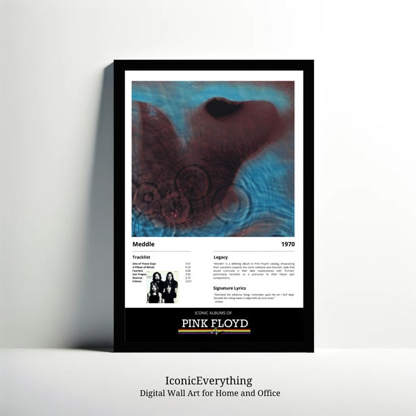 Pink Floyd: Meddle, Poster mit Album Cover, Erscheinungsdatum, Titelliste, Vermächtnis und Signaturtext; Digitale Wandkunst