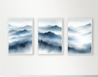 Blue Foggy Mountains - Watercolor Painting, Digital Wall Art, 3 Pieces, Set of 3, Modern Home Decor, Stylish, Living Room, Bedroom Decor