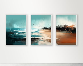 Storm over the Seafront, Watercolor Painting Style Digital Wall Art, 3 Pieces, Set of 3, Modern Home Decor