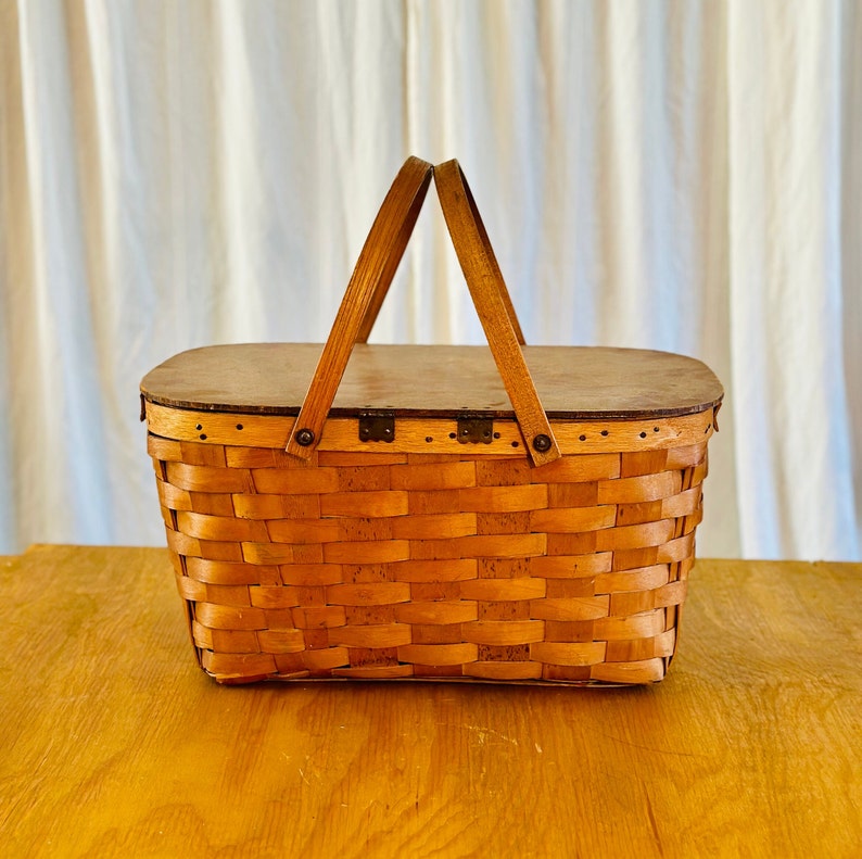 Vintage Woven Wicker Picnic Basket With Swing Handles / Hinged Lid