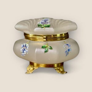 Antique French Gilt Brass Feet Glass Hand Painted Enameled Box Flowers Jewelry Box Circa 1900