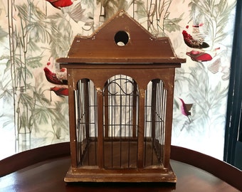 Wood & Wire Bird Cage - Vintage Wooden Bird Cage w/Metal Roof - Decorative Bird Cage with Wood Bail Handle - Bird House Cage - Home Decor