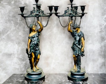 A Pair of Vintage Neoclassical Revival Female Figural Mixed Metal Candelabras
