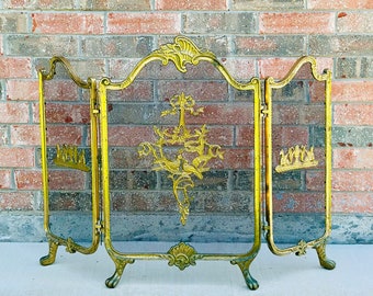 French Provincial Vintage Tri Fold Victorian Brass Fireplace Screen with Claw Feet and Birds Scenes