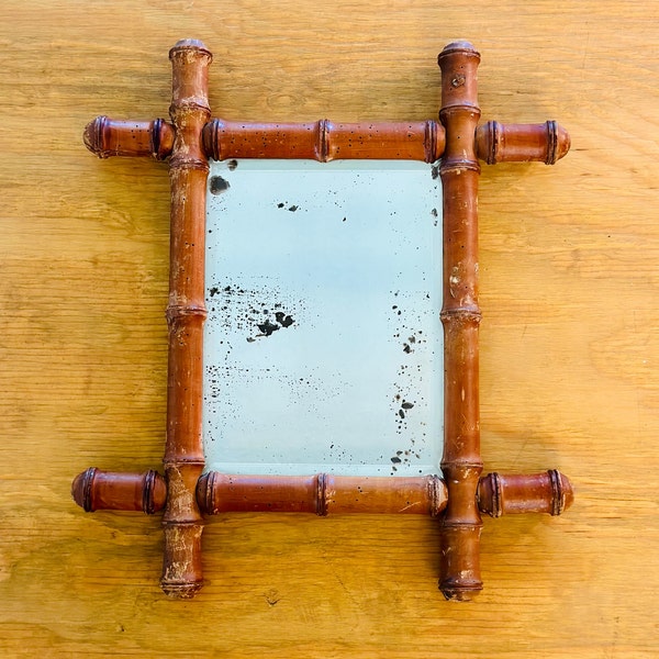 Vintage Antique Wood Faux Bamboo Mirror, France 1920’s