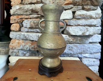 Etched Brass Handled Vase Signed China