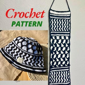 Peut inclure: Modèle de crochet pour un chapeau bob noir et blanc et une suspension murale. Le motif présente des formes géométriques et des zigzags.
