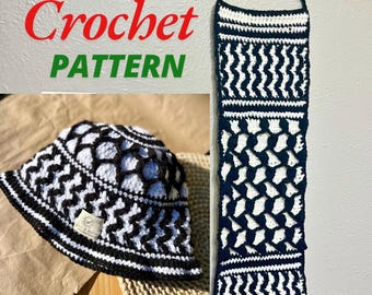 Keffiyeh Inspired Pattern, 3 in 1 - bucket hat, tapestry, and scarf. 30% donation to Palestine causes. Meaningful original crochet design