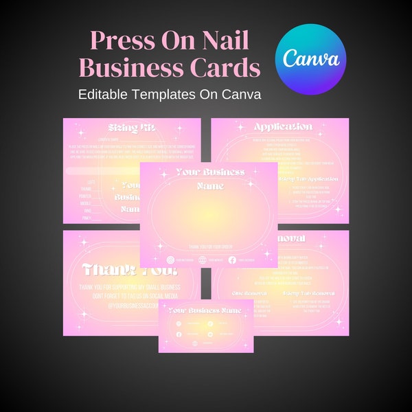 Cute Gradient Customizable Press On Nail Packaging Cards Editable Canva Templates