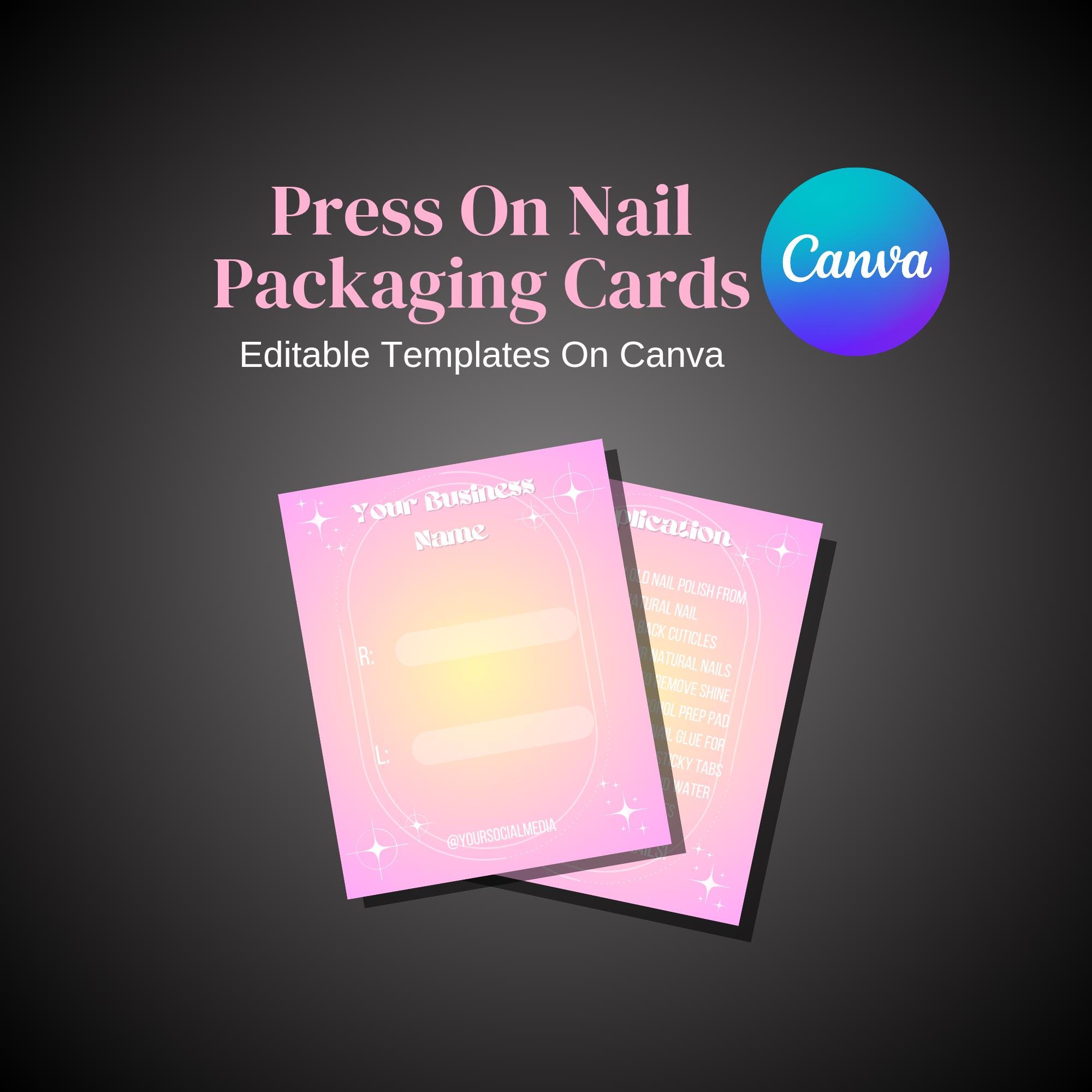 Cute Gradient Customizable 3x4 Press On Nail Business Packaging Cards Editable Canva Templates