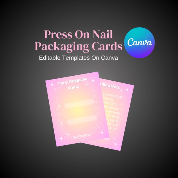 Cute Gradient Customizable Press On Nail Business Packaging Cards Editable Canva Templates