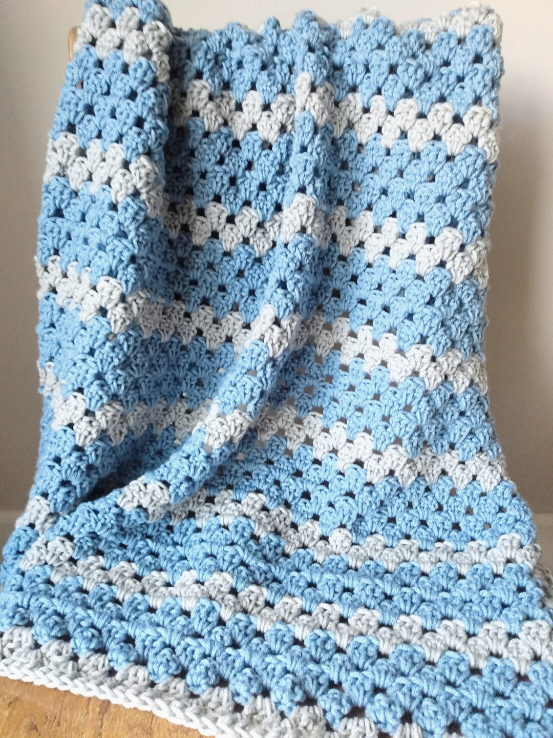 Crochet Baby Blanket Granny Stripe Blue and Gray Etsy
