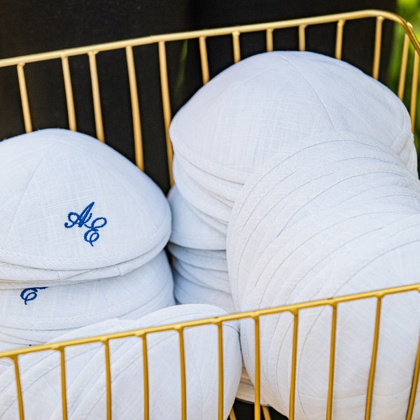 Bulk Customized Linen Kippot for Weddings, Bar/Bat Mitzvah, Brith Milah, etc. by Arielle Judaica