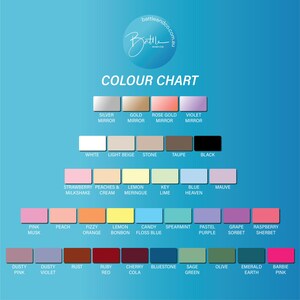May include: A color chart with a variety of shades, including silver, gold, and black. The chart displays a range of colors, such as pink, orange, green, and blue, with names like "Strawberry Milkshake" and "Raspberry Sherbet". The text "COLOUR CHART" is at the top.