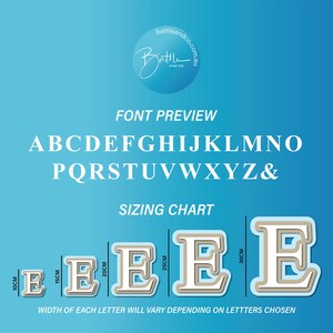 May include: Font preview and sizing chart for decorative letters. The image shows the alphabet in a serif font, with the letter "E" in various sizes, ranging from 10 inches to 30 inches in height. The text "Width of each letter will vary depending on letters chosen" is also visible.