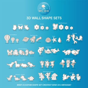 May include: A collection of 3D wall shape sets by Battle and Co Australia, featuring white silhouettes of butterflies, flowers, hot air balloons, space items, shells, mermaids, sea creatures, sharks, whales, dinosaurs, fairies, ballerinas, and geese.