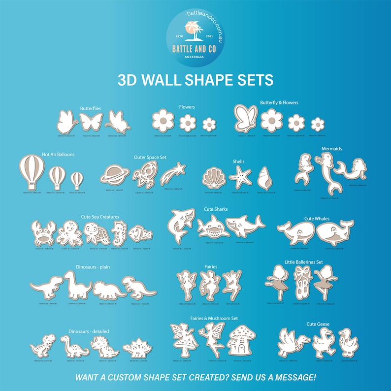 May include: A collection of 3D wall shape sets by Battle and Co Australia, featuring white silhouettes of butterflies, flowers, hot air balloons, space items, shells, mermaids, sea creatures, sharks, whales, dinosaurs, fairies, ballerinas, and geese.