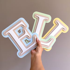 May include: Three-dimensional layered letters spelling "ELV" in pastel colors. The letters are white with light blue, beige, green, and yellow borders. The letters are held by a hand against a neutral background.