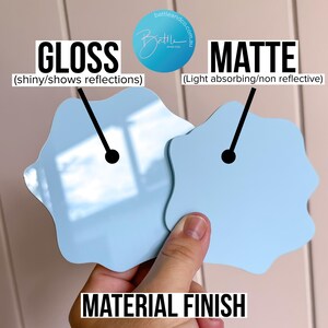 May include: A comparison of two light blue, cloud-shaped objects, one with a glossy finish and the other with a matte finish. The text indicates the glossy finish is shiny and reflective, while the matte finish absorbs light. The words "MATERIAL FINISH" are at the bottom.