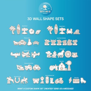 May include: A collection of 3D wall shape sets featuring various themes including beach, princess, farm animals, airplane, cowboy, construction, equestrian, spring flowers, and retro designs. Each set contains multiple light-colored cutout shapes.