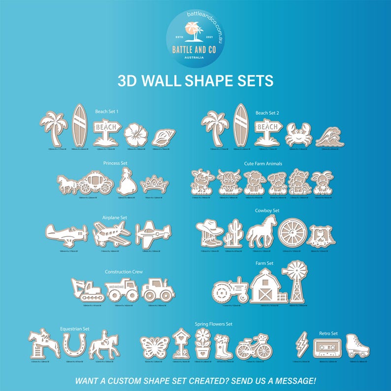 May include: A collection of 3D wall shape sets featuring various themes including beach, princess, farm animals, airplane, cowboy, construction, equestrian, spring flowers, and retro designs. Each set contains multiple light-colored cutout shapes.