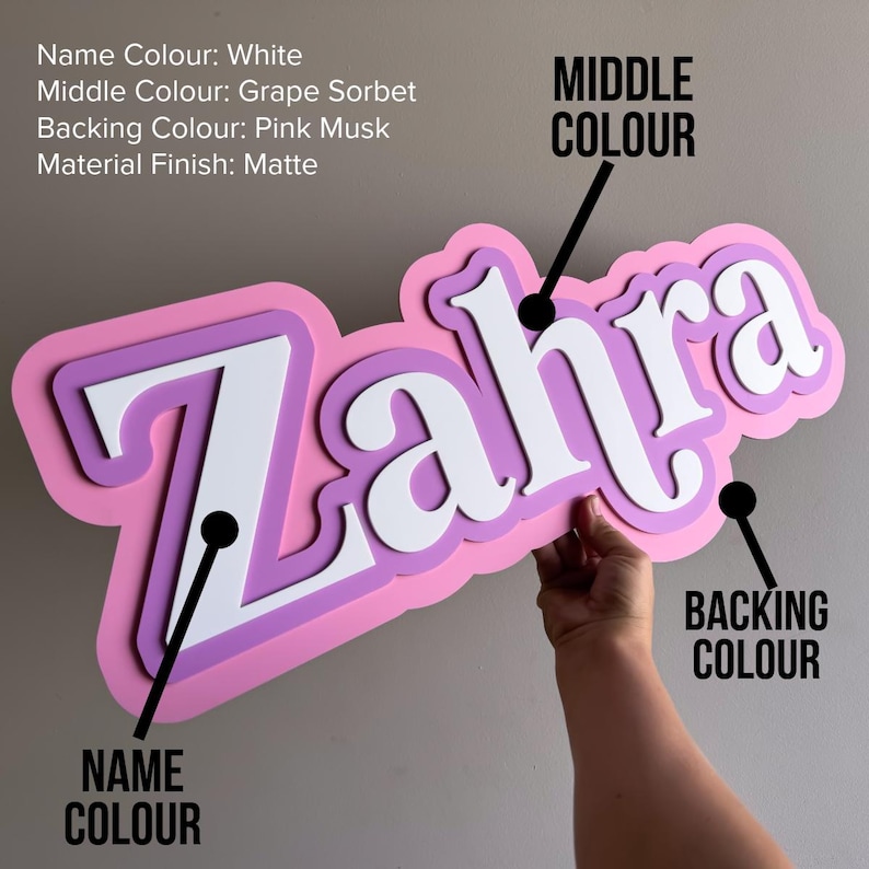 May include: A layered wall sign featuring the name Zahra in white, set against a grape sorbet purple middle layer and a pink musk backing layer. The sign has a matte finish and includes text labels identifying the name, middle, and backing colors.