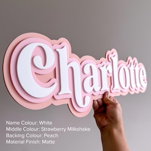 May include: A custom name sign featuring the name Charlotte in white, layered over a strawberry milkshake pink middle layer and a peach backing. The sign has a matte finish and displays the text: Name Colour: White, Middle Colour: Strawberry Milkshake, Backing Colour: Peach, Material Finish: Matte.