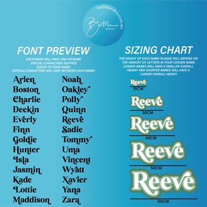 May include: A blue informational graphic displaying a font preview list of names and a sizing chart for name plaques. The chart shows the name Reeve in five sizes ranging from 15cm to 60cm, illustrating how plaque height varies by name length.