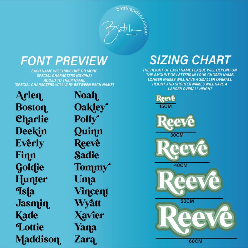 May include: A blue informational graphic displaying a font preview list of names and a sizing chart for name plaques. The chart shows the name Reeve in five sizes ranging from 15cm to 60cm, illustrating how plaque height varies by name length.