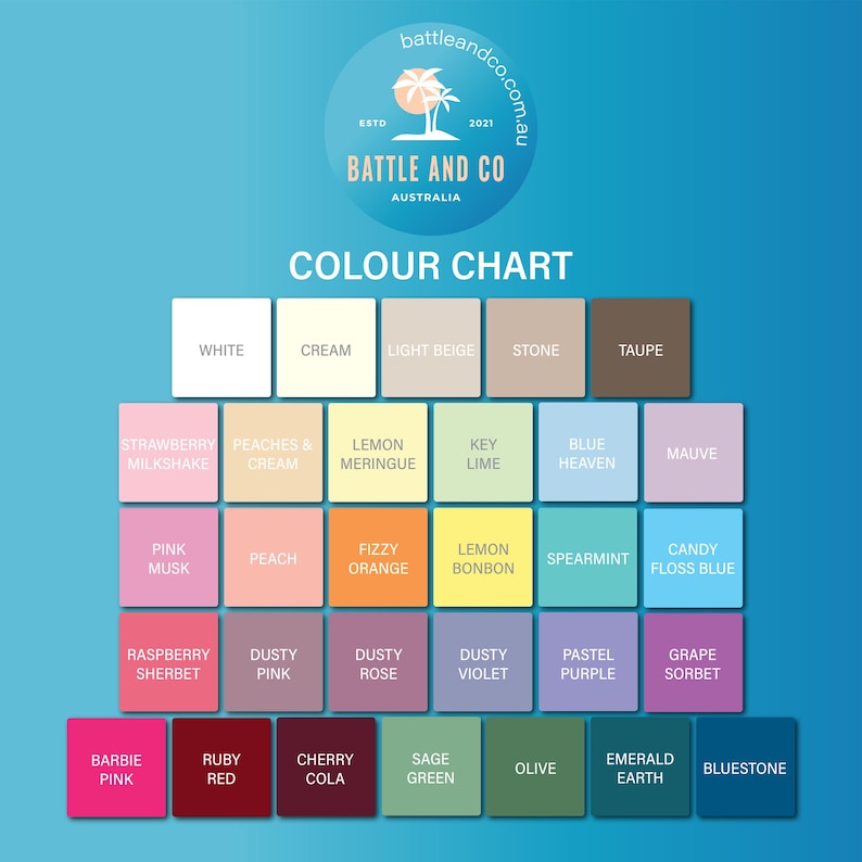 May include: A color chart graphic featuring the Battle and Co Australia logo at the top. The chart displays thirty-one labeled rectangular color swatches in various shades, including white, cream, beige, pink, orange, yellow, green, blue, and purple.