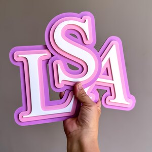 May include: Layered wooden letters spelling "LSA" in shades of purple, pink, and white. The letters are held against a neutral background. The letters are designed with a 3D effect, creating depth and dimension.
