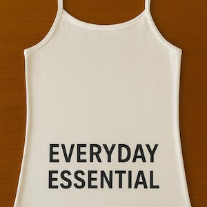 May include: Cream-colored camisole with thin straps. The words "EVERYDAY ESSENTIAL" are printed in bold black letters across the front. The top is made of a soft, lightweight fabric.