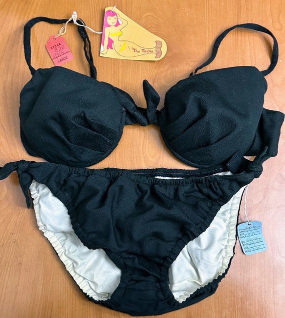 Vintage 1970s 2 Piece Black Bikini Top and Bottoms