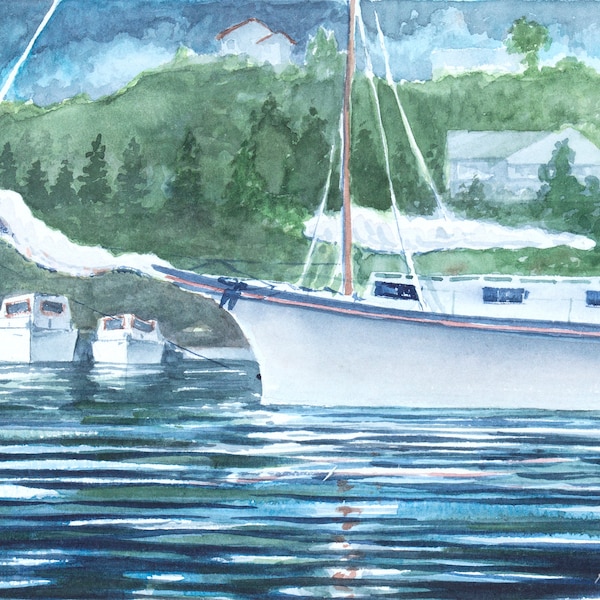 Friday Harbor Boats watercolor card, from original painting, San Juan Island Washington, all occasion greeting card peaceful scene, 5x7 card