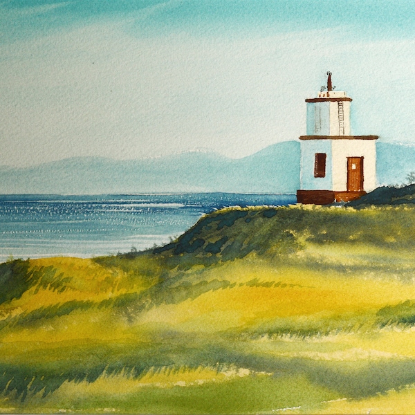 Light House San Juan Island watercolor card, Cattle Point Lighthouse, WA, view of Vancouver Island across the Haro Strait. 5 x 7 folded card