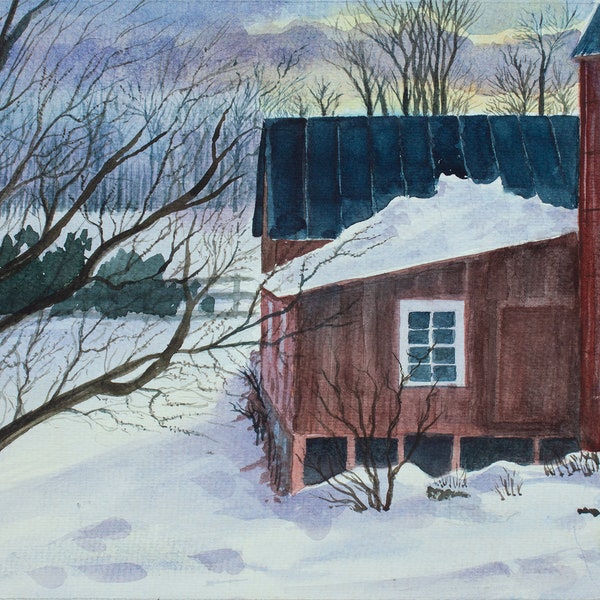 Winter Snow Scene Virginia watercolor card, Long View Farm, Leesburg Virginia winter snow on red barn, evening light 5 x 7 folded blank card