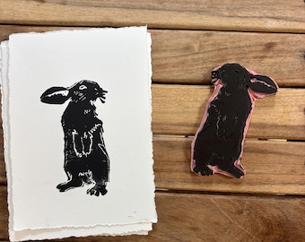 Grabado en linóleo tallado a mano - Conejo - 5x7