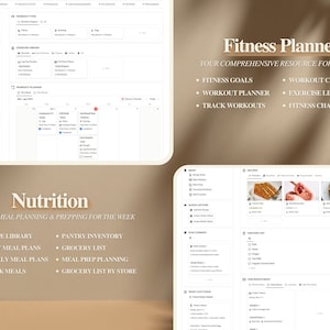 May include: A digital planner with a beige background and a light brown shadow. The planner is divided into two sections: "Nutrition" and "Fitness Planner". The "Nutrition" section includes features like recipe library, daily meal plans, weekly meal plans, track meals, pantry inventory, grocery list, meal prep planning, and grocery list by store. The "Fitness Planner" section includes features like fitness goals, workout planner, track workouts, workout categories, exercise library, and fitness challenges.