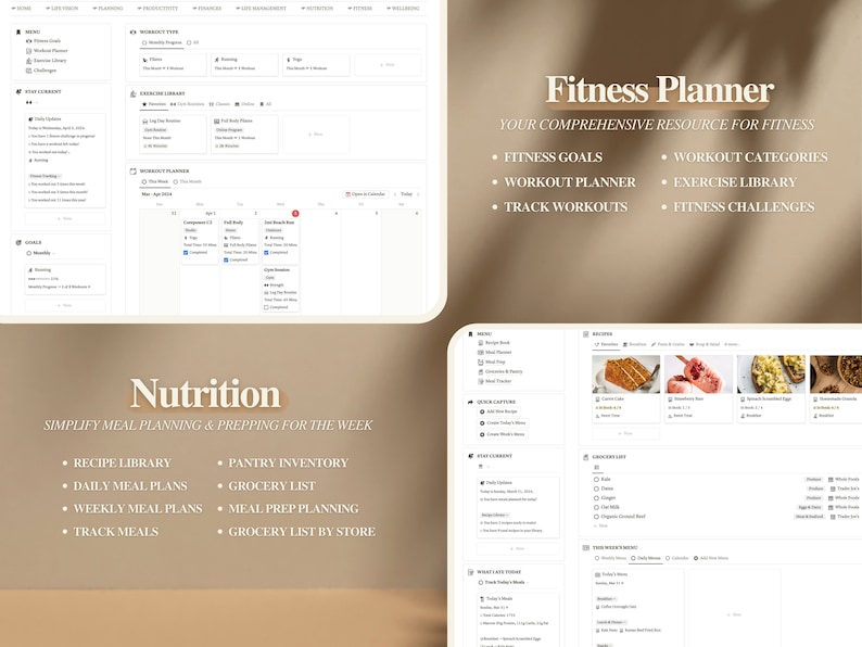 May include: A digital planner with a beige background and a light brown shadow. The planner is divided into two sections: "Nutrition" and "Fitness Planner". The "Nutrition" section includes features like recipe library, daily meal plans, weekly meal plans, track meals, pantry inventory, grocery list, meal prep planning, and grocery list by store. The "Fitness Planner" section includes features like fitness goals, workout planner, track workouts, workout categories, exercise library, and fitness challenges.
