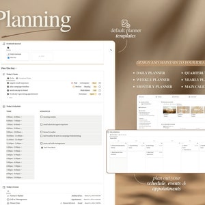 May include: A digital planner template with a beige background. The template includes a daily planner, weekly planner, monthly planner, quarterly planner, yearly planner, and main calendar. The text "DESIGN AND MAINTAIN TO YOUR IDEAL LIFE" is displayed in black text. The text "plan out your schedule, events & appointments" is displayed in black text.
