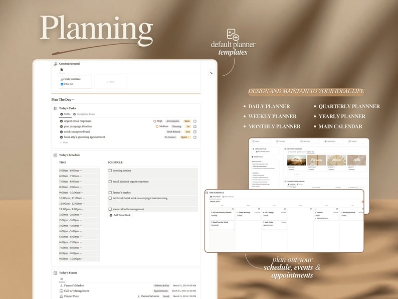 May include: A digital planner template with a beige background. The template includes a daily planner, weekly planner, monthly planner, quarterly planner, yearly planner, and main calendar. The text "DESIGN AND MAINTAIN TO YOUR IDEAL LIFE" is displayed in black text. The text "plan out your schedule, events & appointments" is displayed in black text.