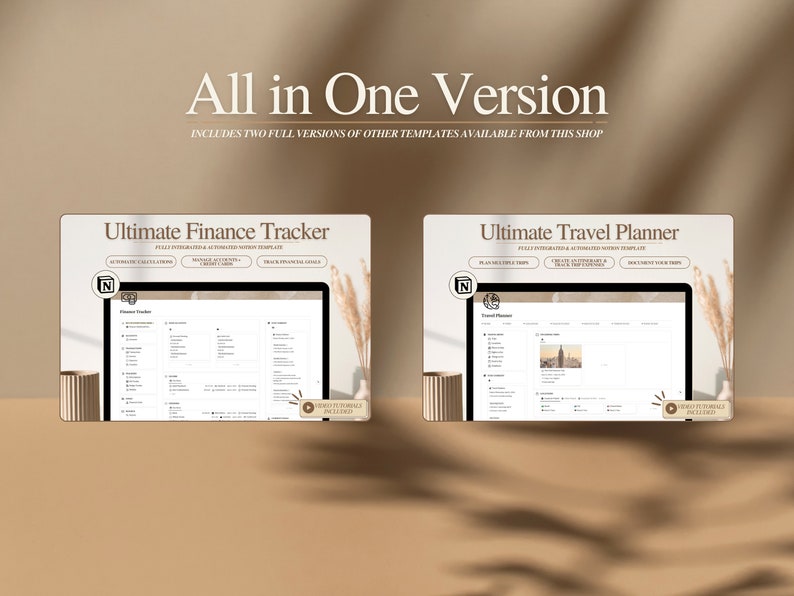 May include: A digital mockup of two computer screens displaying printable templates for a finance tracker and a travel planner. The text "All in One Version" is displayed above the screens. The text "Includes two full versions of other templates available from this shop" is displayed below the screens.
