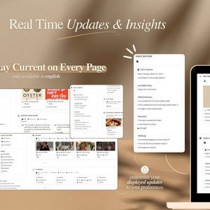 May include: A screenshot of a computer screen showing a digital planner app with a light brown background. The app has several tabs, including "Daily Review", "Stay Current", and "My Profile". The app features a daily update section, a habit tracker, and a section for tracking sleep and mood. The app also includes a section for tracking quotes and a section for tracking videos. The app is designed to help users stay organized and on track with their goals.