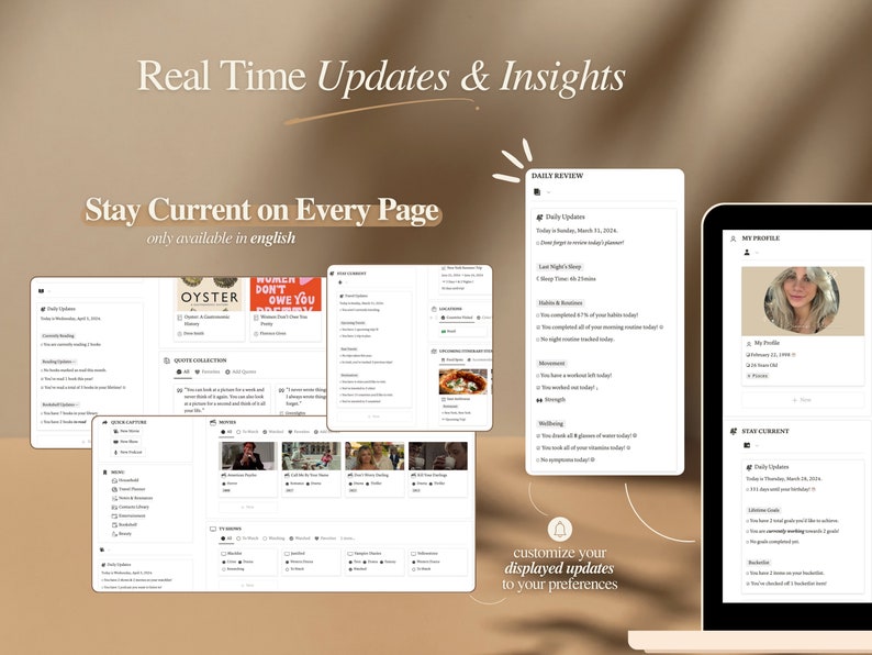 May include: A screenshot of a computer screen showing a digital planner app with a light brown background. The app has several tabs, including "Daily Review", "Stay Current", and "My Profile". The app features a daily update section, a habit tracker, and a section for tracking sleep and mood. The app also includes a section for tracking quotes and a section for tracking videos. The app is designed to help users stay organized and on track with their goals.