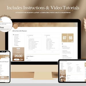 May include: A screenshot of a computer screen and two mobile devices displaying a Notion template for an all-in-one life planner. The template includes sections for morning routine, daily planner, and night routine. The template is optimized for desktop, laptop, tablet, and smartphone.