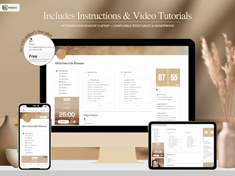 May include: A screenshot of a computer screen and two mobile devices displaying a Notion template for an all-in-one life planner. The template includes sections for morning routine, daily planner, and night routine. The template is optimized for desktop, laptop, tablet, and smartphone.