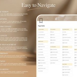 May include: A beige and white digital page with the text "Easy to Navigate" and a list of categories for a Notion workspace. The categories include Life Vision, Planning, Productivity, Finances, Life Management, Nutrition, Fitness, and Wellbeing. Each category has a list of subcategories. The page also includes a Page Index with a list of subcategories for each category.