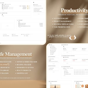May include: A digital planner template with a beige background and gold text. The template is divided into sections for life management and productivity. The life management section includes categories such as household manager, travel planner, notes and resources, contacts library, podcast tracker, movies and series tracker, reading tracker, bookshelf and quotes, beauty products, and shopping list. The productivity section includes categories such as master to do list, project management, multiple views of tasks, task prioritization, work time tracker, habit tracker, daily routine tracker, and manage all routines.