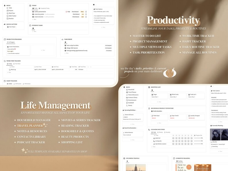 May include: A digital planner template with a beige background and gold text. The template is divided into sections for life management and productivity. The life management section includes categories such as household manager, travel planner, notes and resources, contacts library, podcast tracker, movies and series tracker, reading tracker, bookshelf and quotes, beauty products, and shopping list. The productivity section includes categories such as master to do list, project management, multiple views of tasks, task prioritization, work time tracker, habit tracker, daily routine tracker, and manage all routines.